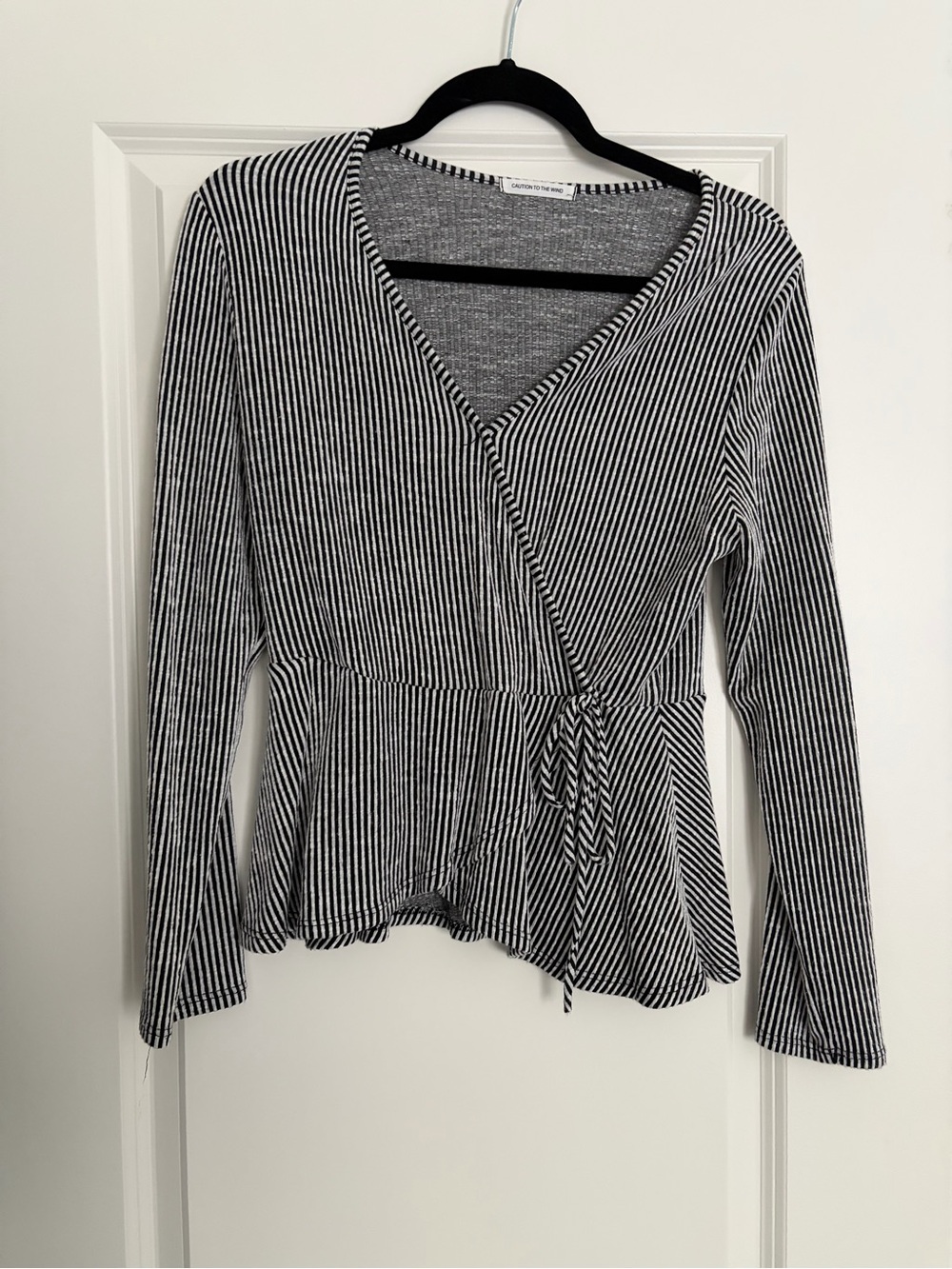 Caution To The Wind Black & White Striped Wrap Peplum Top
